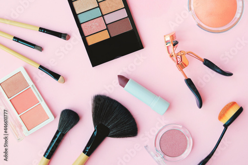 Make up products. Professional cosmetics at color background. Flat lay image.