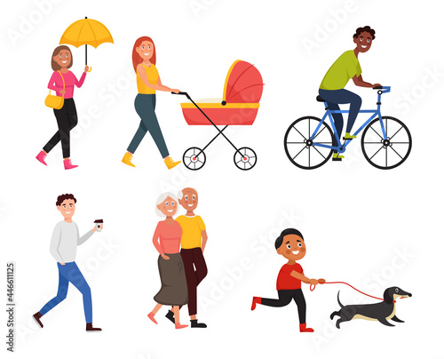 Set of people in different situations. Men and women in urban lifestyle. Walking people.  Cartoon characters. Vector illustration