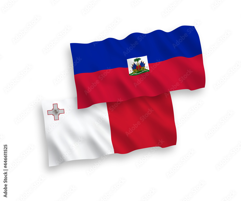 National vector fabric wave flags of Malta and Republic of Haiti isolated on white background. 1 to 2 proportion. National vector fabric wave flags of Malta and Republic of Haiti isolated on white background. 1 to 2 proportion.