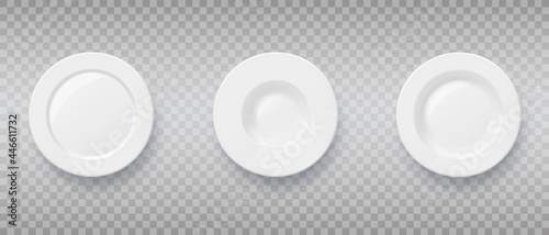 Set of Different realistic food plates and dishes. Porcelain dishware. Plate for pasta, saucer, dish for restaurant, empty kitchen utensil. Top view. 3d vector illustration on transparent background.