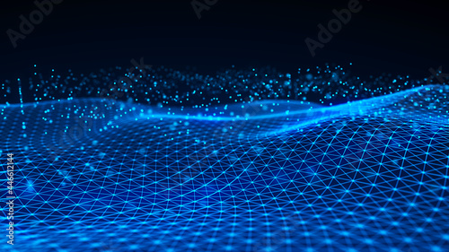 Digital technology background. Abstract dynamic wave of connected dots and lines on dark background. Wave of bright particles. Big data. 3d rendering. © Oleksandr