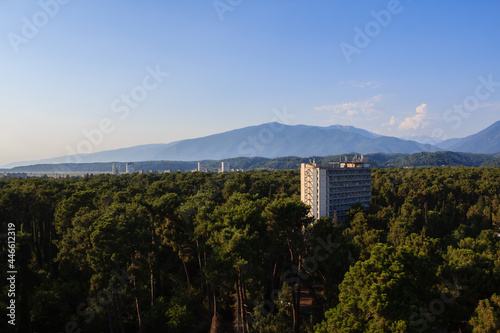 view of the hotel buildings surrounded with pine trees nearby caucasus mountains in the sunlight