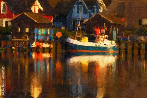 Painted Evening atmosphere in boat harbor on island of Ruegen. Colorful reflection in the water.