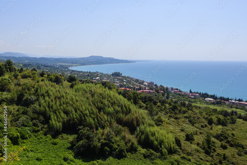 seashore view landscape with grenn forest and red roofs of the houses in Georgia