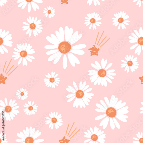 Fototapeta Naklejka Na Ścianę i Meble -  Seamless pattern with daisy flower on and little stars on pink background vector illustration. Cute floral print.
