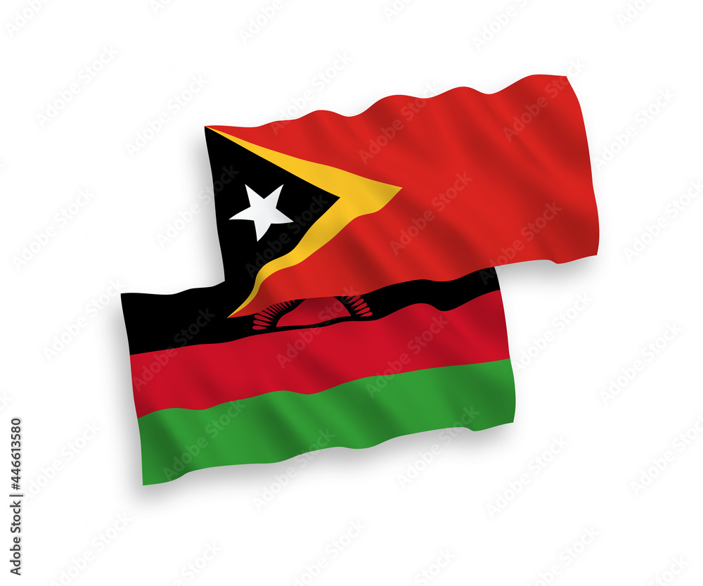 Naklejka premium National vector fabric wave flags of Malawi and East Timor isolated on white background. 1 to 2 proportion.