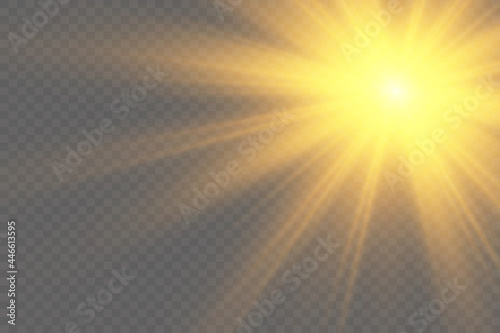 Bright gold flashes and glares. Bright rays of light. Set of flashes, Lights and Sparkles on a transparent background. Abstract golden lights isolated Glowing lines.