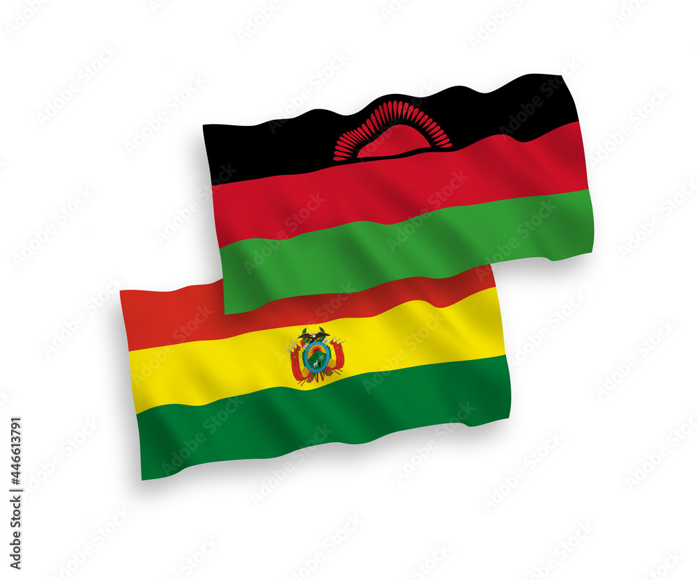 Obraz premium National vector fabric wave flags of Malawi and Bolivia isolated on white background. 1 to 2 proportion.