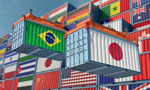 Freight containers with Brazil and Japan flag. 3D Rendering 