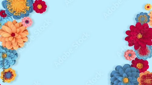 Blooming bright flowers on blue background. 3d rendering, copy space, floral corners. Animated card for invitation, wedding, birthday, anniversary.