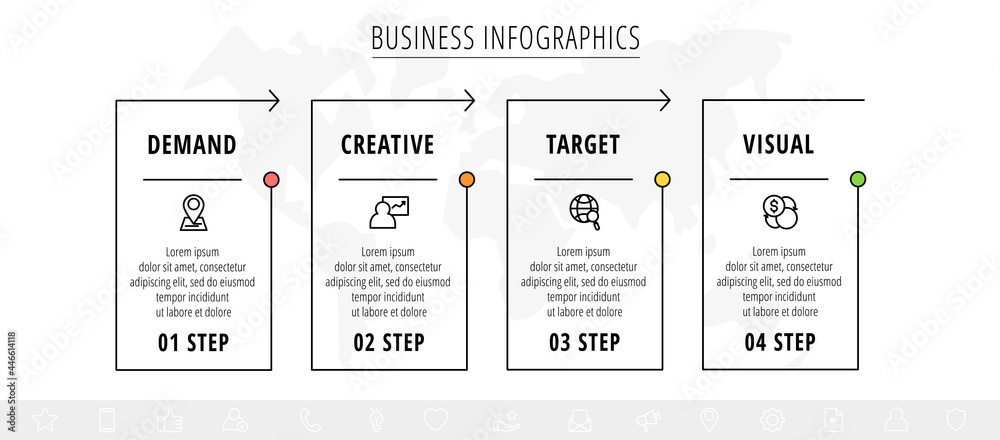 Fototapeta premium Line minimal infographics timeline with four steps rectangle elements. Chart process template with arrows. Modern vector for company or corporate business project and presentation. Trendy design