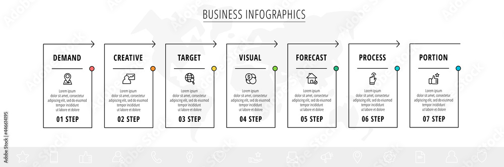 Obraz premium Line minimal infographics timeline with 7 steps rectangle elements. Chart process template with arrows. Modern vector for company or corporate business project and presentation. Trendy design