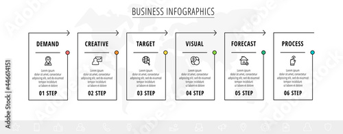 Line minimal infographics timeline with 6 steps rectangle elements. Chart process template with arrows. Modern vector for company or corporate business project and presentation. Trendy design