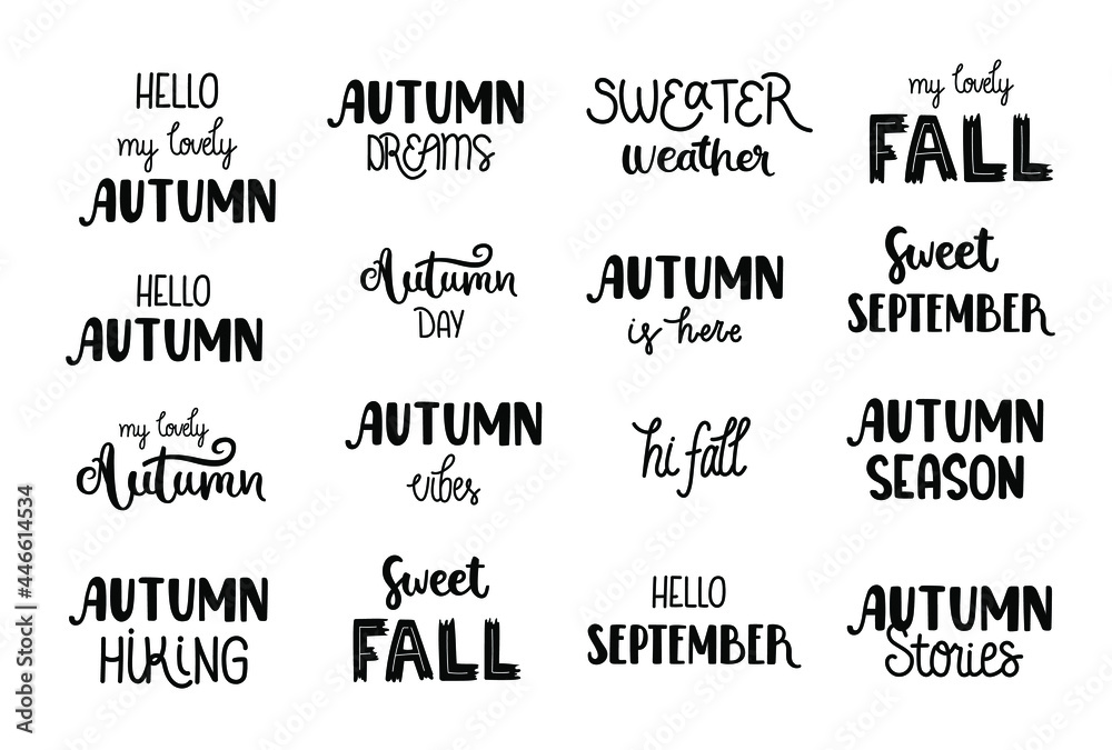 Set of hand-drawn lettering about autumn. Small doodle quotes. Isolated on white.  Designs for t-shirt, cup, sticker, print, banner, bag, plotter cutting, etc.