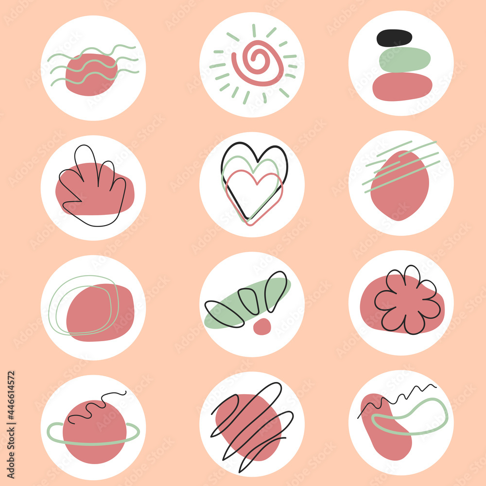 Instagram highlight icons in pink, boho style, pattern. Heart, sun, flower, planet. Highlights. Story Highlight Covers