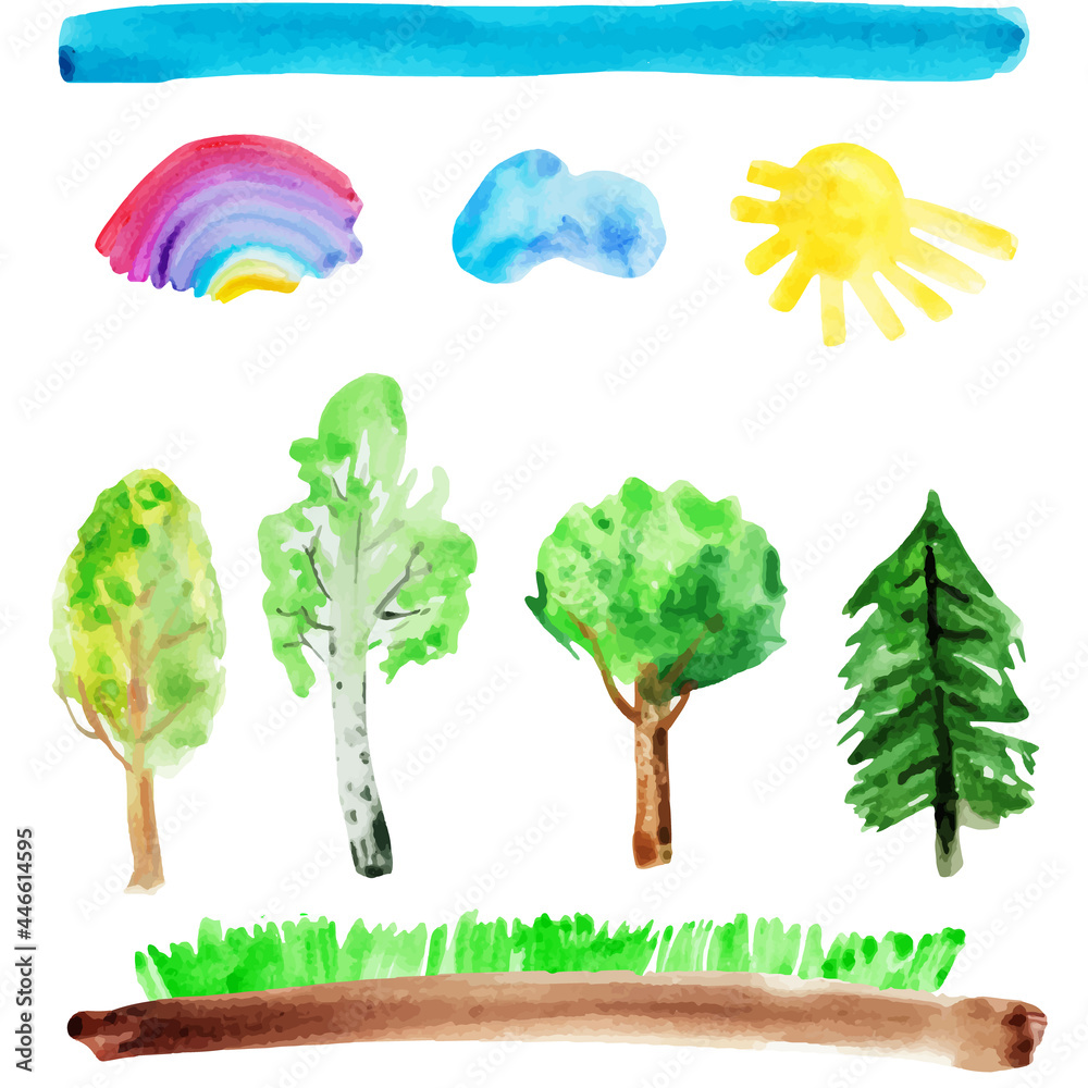 Watercolor hand drawn naive kids drawing rainbow, sun, sky, trees, grass