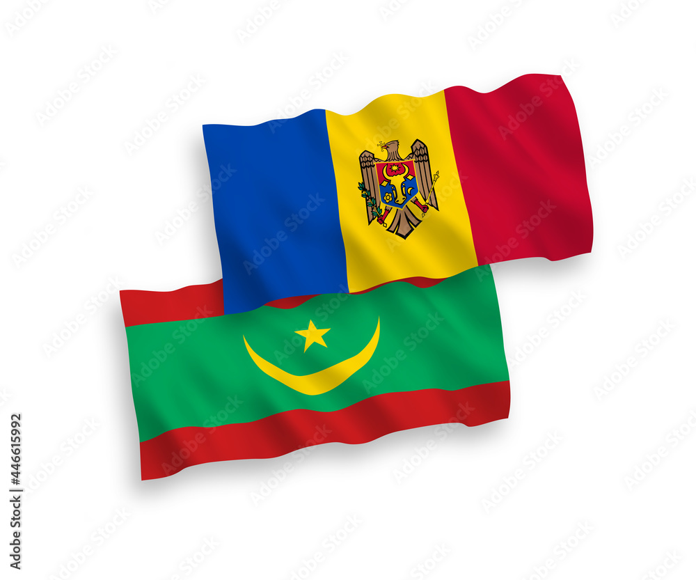 Fototapeta premium National vector fabric wave flags of Islamic Republic of Mauritania and Moldova isolated on white background. 1 to 2 proportion.