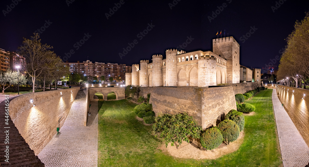 Medieval castle in Europe, Palacio de la Aljaferia, 07-2021, Zaragoza, Spain.