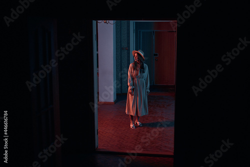 a girl in a long chiffon dress and hat stands in a dark room. Creative shooting with red neon lighting. High quality photo