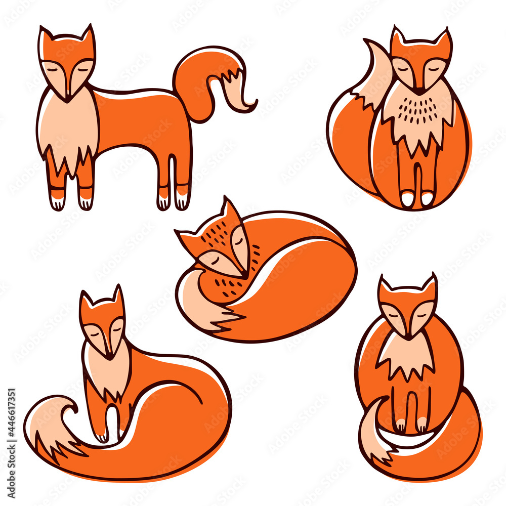 Set of cute red doodle foxes in various poses isolated on white background. 