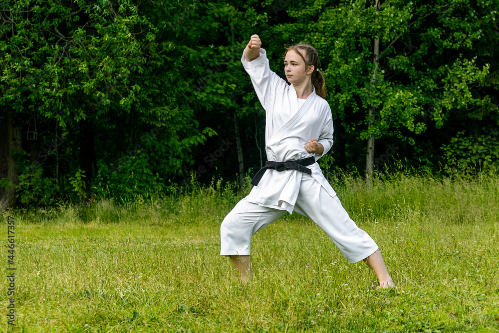teenage girl training karate kata outdoors, performs age-uke (rising or upward block) teenage girl training karate kata outdoors, performs age-uke (rising or upward block)