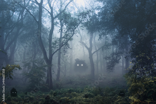 Photo A creepy, fantasy forest of trees, back lighted with spooky, glowing eyes of creatures in the undergrowth