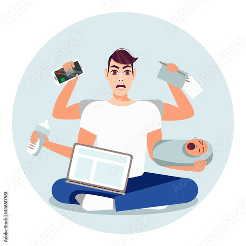 A multi-armed, cute father with a laptop, a baby, a phone and a diary is trying to do everything in time. Business father with a ruffled face. Vector illustration.