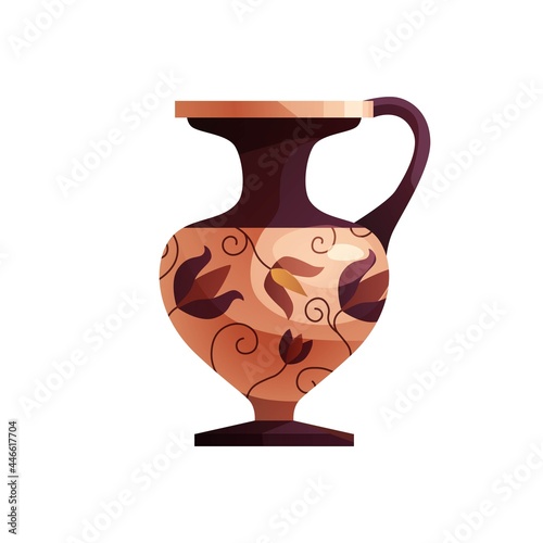 Antique Greek vase with decoration. Ancient traditional clay jar or pot for wine. Vector cartoon illustration.