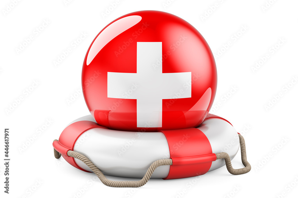 Obraz premium Lifebelt with Swiss flag. Safe, help and protect of Switzerland concept. 3D rendering