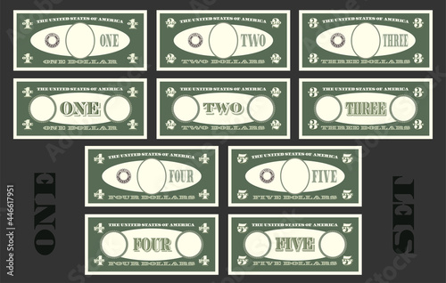 First set of US paper money samples with empty ovals. Banknotes in denominations of one, two, three, four and five dollars