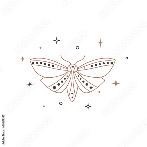 Mystical celestial night butterfly. Spiritual elegant moth for branding name logo. Esoteric magic tatoo. Vector illustration