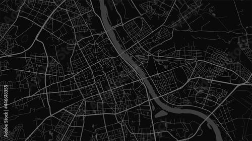 Dark black Warsaw City area vector background map, streets and water cartography illustration.