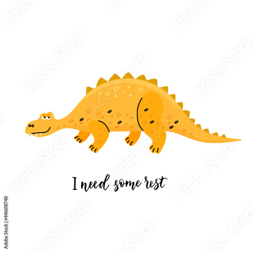 Fototapeta Naklejka Na Ścianę i Meble -  Funny dinosaur Stegosaurus in cartoon style with lettering. Vector color illustration in flat style with line elements.