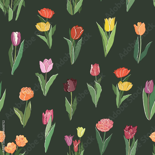 tulip flower seamless floral spring vector pattern