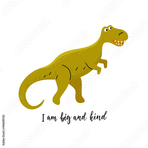Funny dinosaur Tyrannosaurus in cartoon style with lettering. Vector color illustration in flat style with line elements.