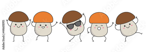 Mushrooms smile dancing boletus character cartoon  happy emotions icon logo vector illustration.