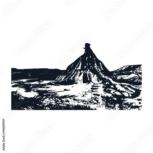 Hill silhouette art on white background.