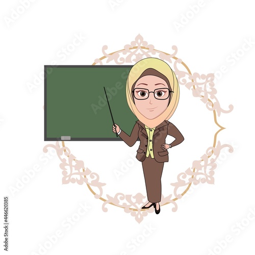 Cartoon caricature a beautiful Muslim woman wearing hijab with glasses is teaching