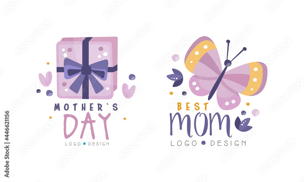 Mothers Day Logo Design Set, Best Mom Hand Drawn Labels Vector Illustration