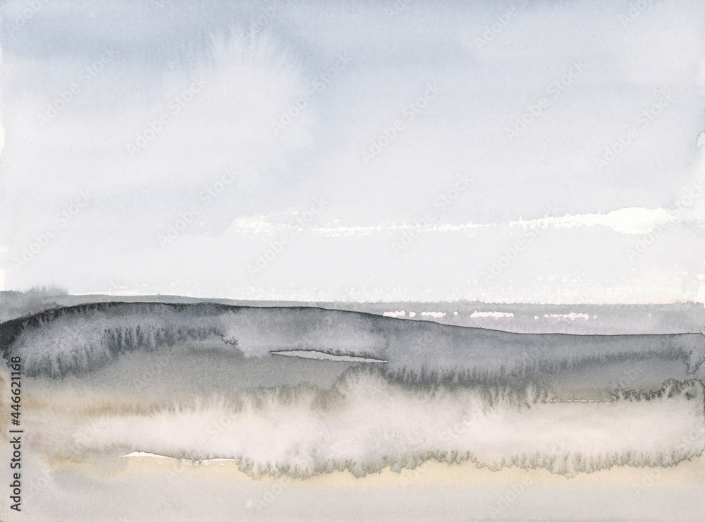 Gray and Blue Sky Peaceful Watercolor Painting, Horizontal Landscape Hand Drawn on Paper