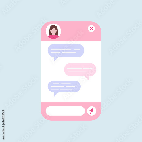 Chat bot dialoge window with woman icon isolated. Pink robot chat online service flat concept. Vector illustration of talk interface with female chatbot robot and message bubbles.