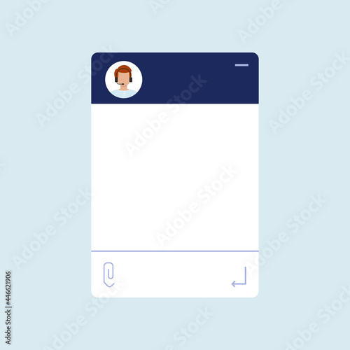Chat bot dialoge window with man in headset isolated. Dark blue robot chat online customer service concept. Vector flat design illustration of instant sms talk with male chatbot robot or live operator