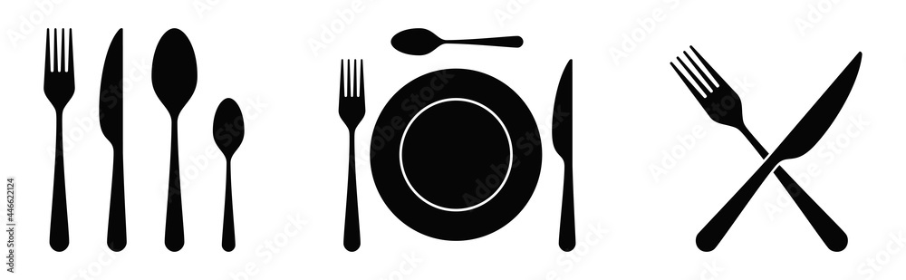 Cutlery tableware black silhouette set. Fork, knife, spoon, plate icons. Dinner service flatware symbols. Isolated vector Illustration. Cutlery tableware black silhouette set. Fork, knife, spoon, plate icons. Dinner service flatware symbols. Isolated vector Illustration.