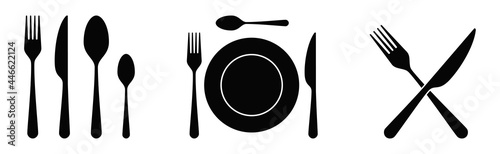 Cutlery tableware black silhouette set. Fork, knife, spoon, plate icons. Dinner service flatware symbols. Isolated vector Illustration.