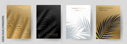 Tropical cover design set with palm branch, golden leaf print on background
