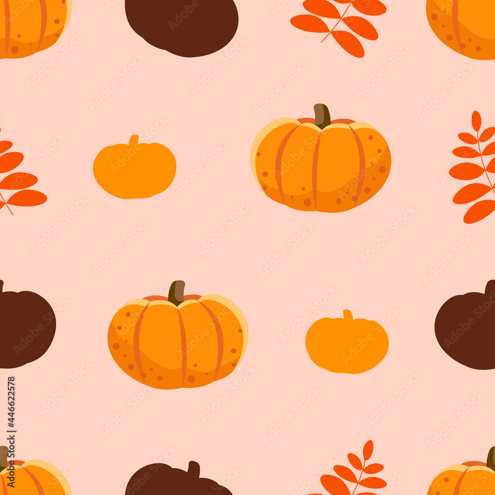 Seamless pattern with autumn elements. Vector illustration of orange and brown pumpkins, red leaves Seamless pattern with autumn elements. Vector illustration of orange and brown pumpkins, red leaves