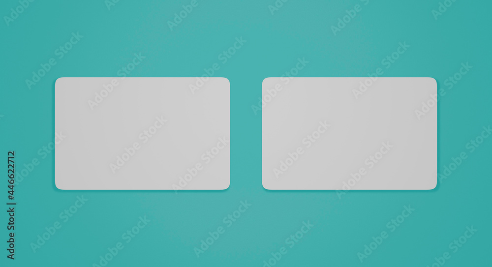 Two rounded business cards on blue background. 3d render business cards mockup Two rounded business cards on blue background. 3d render business cards mockup