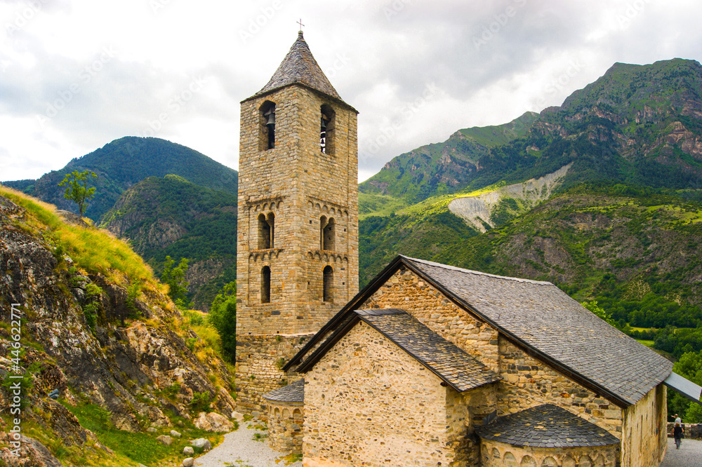 Old romanic church in a mountainous valley located in Pyrenees, Spain.