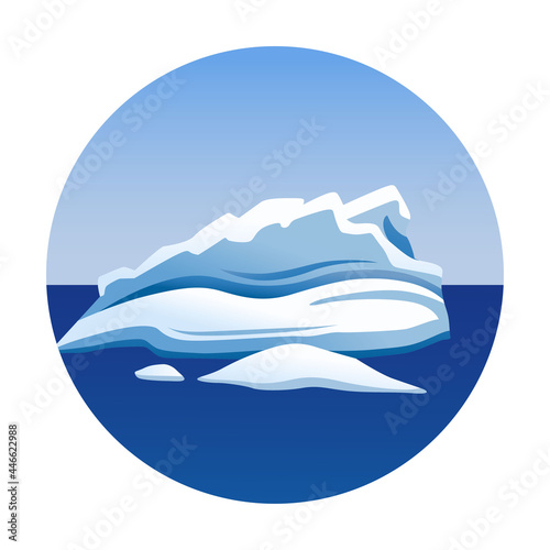 Round arctic landscape with iceberg, glacier, block of ice, snow mountain. Simple vector illustration, flat emblem, logo, icon. Antarctic and North Pole element