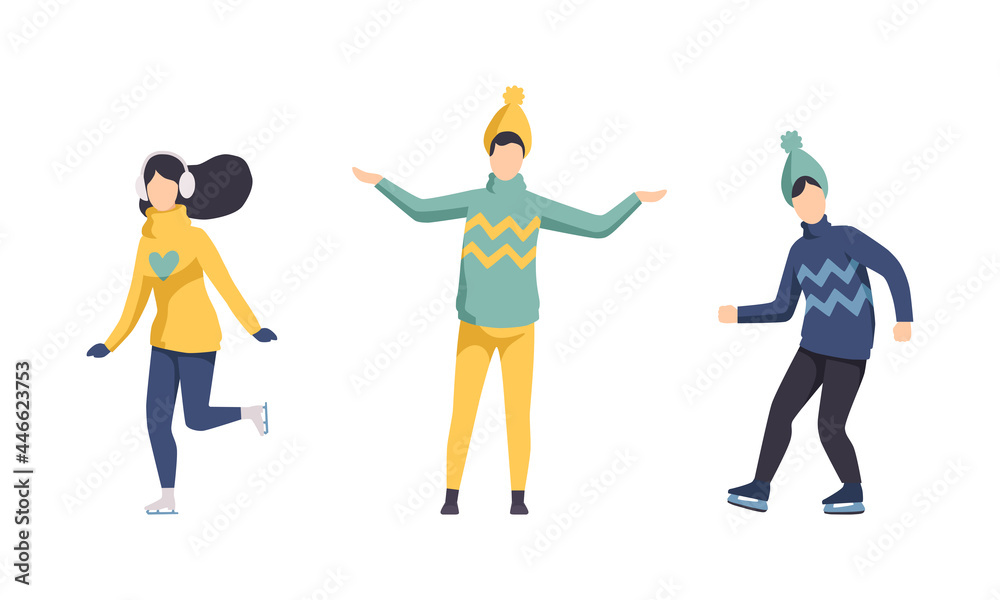 Winter Time Outdoor Activities Set, Children Wearing Winter Outfit Enjoying Skating on Ice Flat Vector Illustration Winter Time Outdoor Activities Set, Children Wearing Winter Outfit Enjoying Skating on Ice Flat Vector Illustration